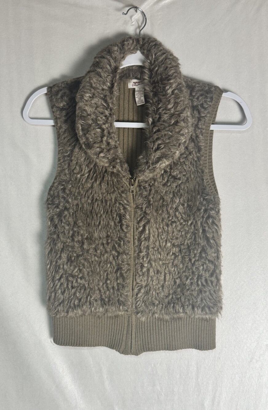 Y2K Cozy Faux Fur Womens Small Knit Vest Zip Front Neutral Layering Comfy Chic